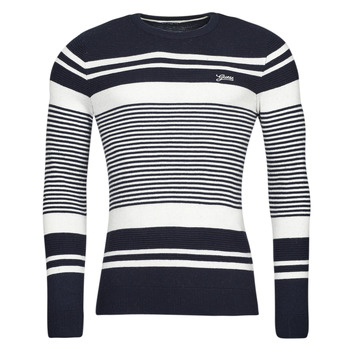 Clothing Men Jumpers Guess LONDON EMBOSSED STRIPED CN Marine / White