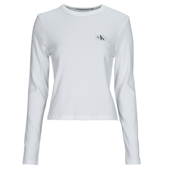 Clothing Women Long sleeved tee-shirts Calvin Klein Jeans WOVEN LABEL RIB LONG SLEEVE White